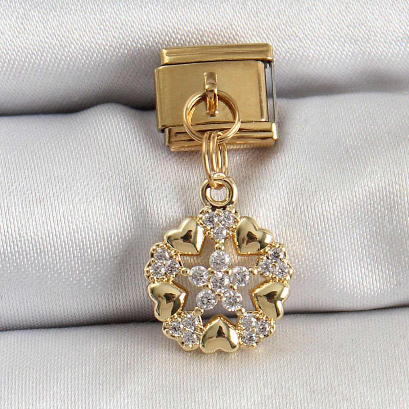 316L Çelik Sallantılı Zirkon Taşlı Kalp Detaylı Yıldz Model Gold Renk Nomination Charm