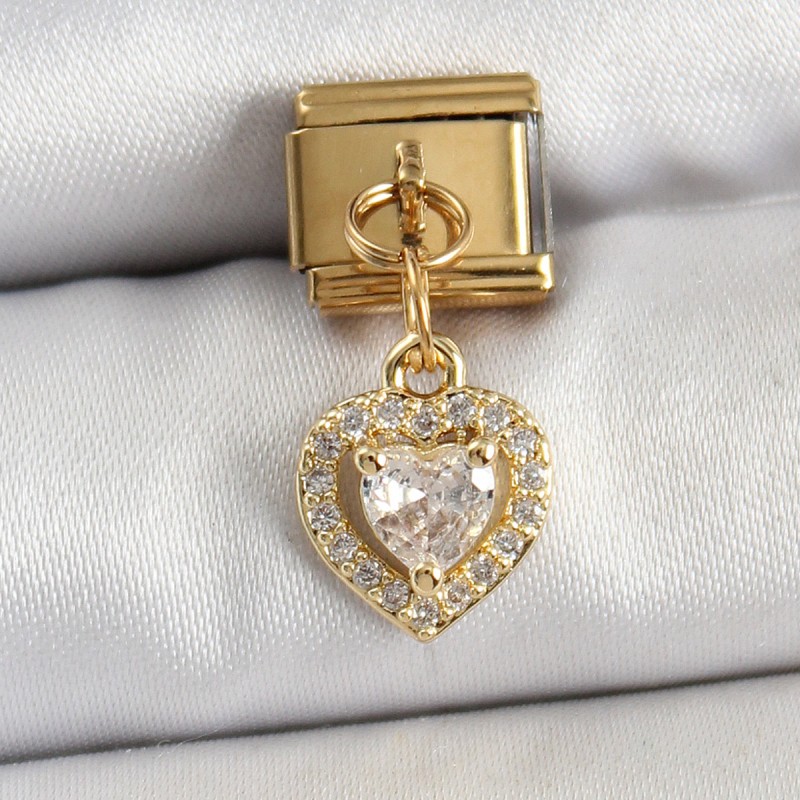 316L Çelik Sallantılı Zirkon Taşlı Kalp Model Gold Renk Nomination Charm