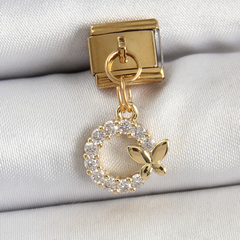 316L Çelik Sallantılı Zirkon Taşlı Kelebek Detaylı Halka Model Gold Renk Nomination Charm