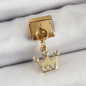 316L Çelik Sallantılı Zirkon Taşlı Kraliçe Tacı Model Gold Renk Nomination Charm