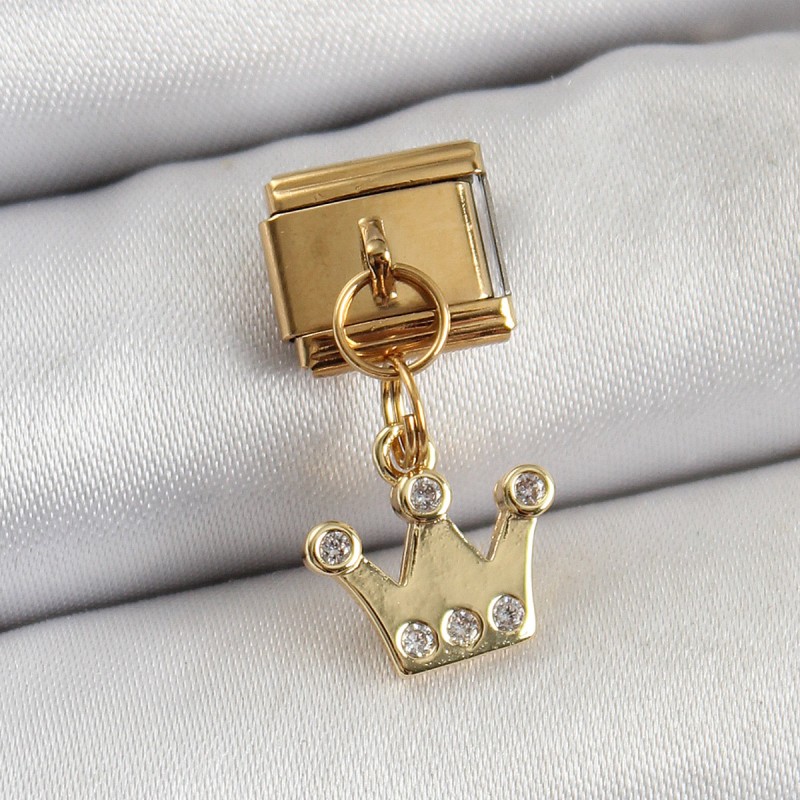 316L Çelik Sallantılı Zirkon Taşlı Kraliçe Tacı Model Gold Renk Nomination Charm