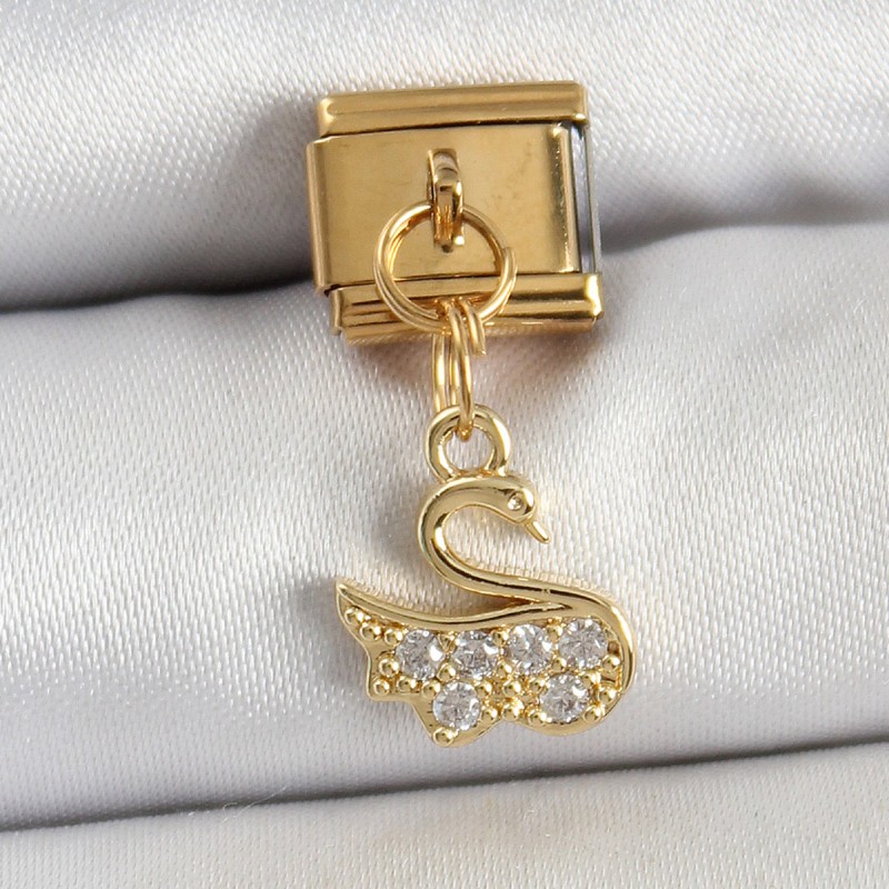 316L Çelik Sallantılı Zirkon Taşlı KuğuModel Gold Renk Nomination Charm