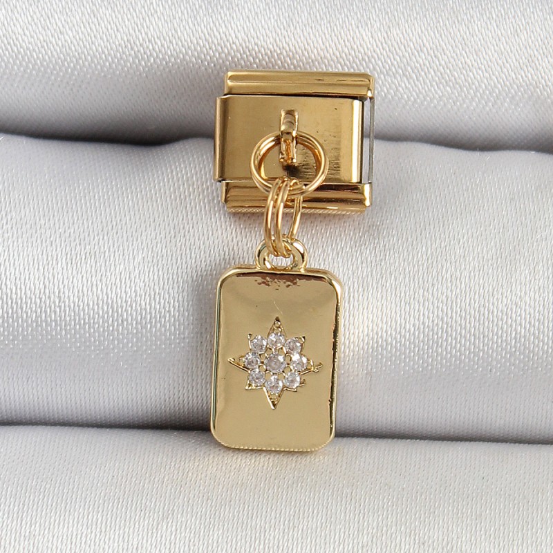 316L Çelik Sallantılı Zirkon Taşlı Kutup Yıldızı Figürlü Dikdörtgen Model Gold Renk Nomination Charm