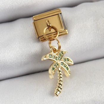 316L Çelik Sallantılı Zirkon Taşlı Palmiye Ağacı Model Gold Renk Nomination Charm