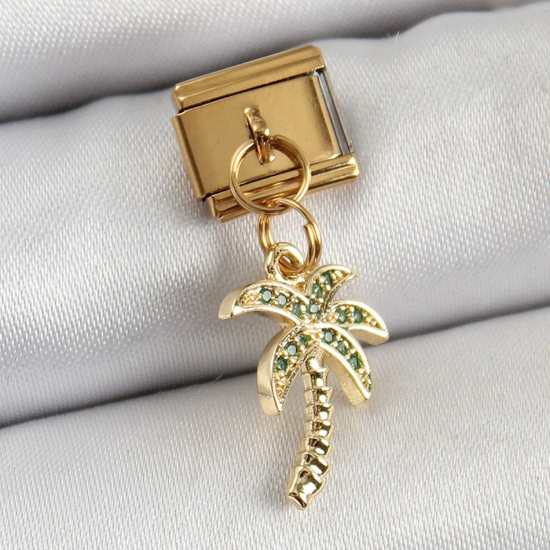 316L Çelik Sallantılı Zirkon Taşlı Palmiye Ağacı Model Gold Renk Nomination Charm