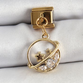 316L Çelik Sallantılı Zirkon Taşlı Satürn Model Gold Renk Nomination Charm