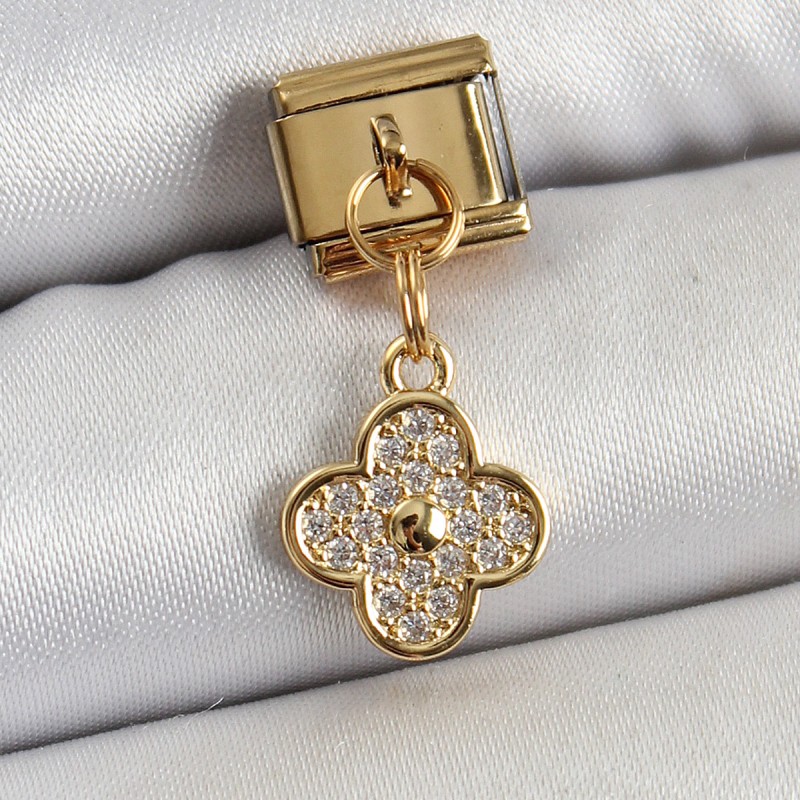 316L Çelik Sallantılı Zirkon Taşlı Yonca Model Gold Renk Nomination Charm