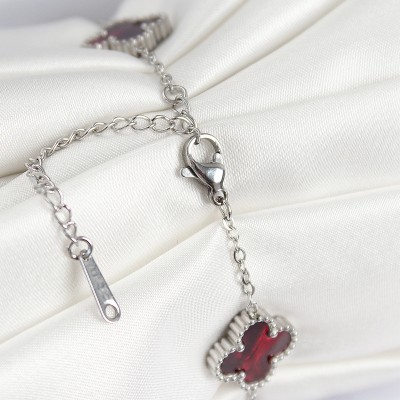 316L Çelik Sedefli Kırmızı Gümüş Renk Yonca Kadın Bileklik