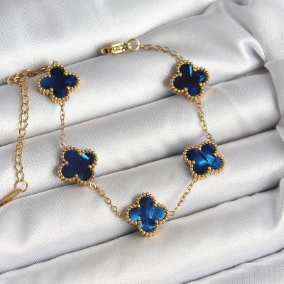 316L Çelik Sedefli Lacivert Gold Renk Yonca Kadın Bileklik