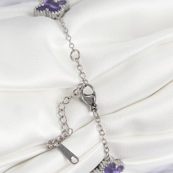 316L Çelik Sedefli Mor Gümüş Renk Yonca Kadın Bileklik