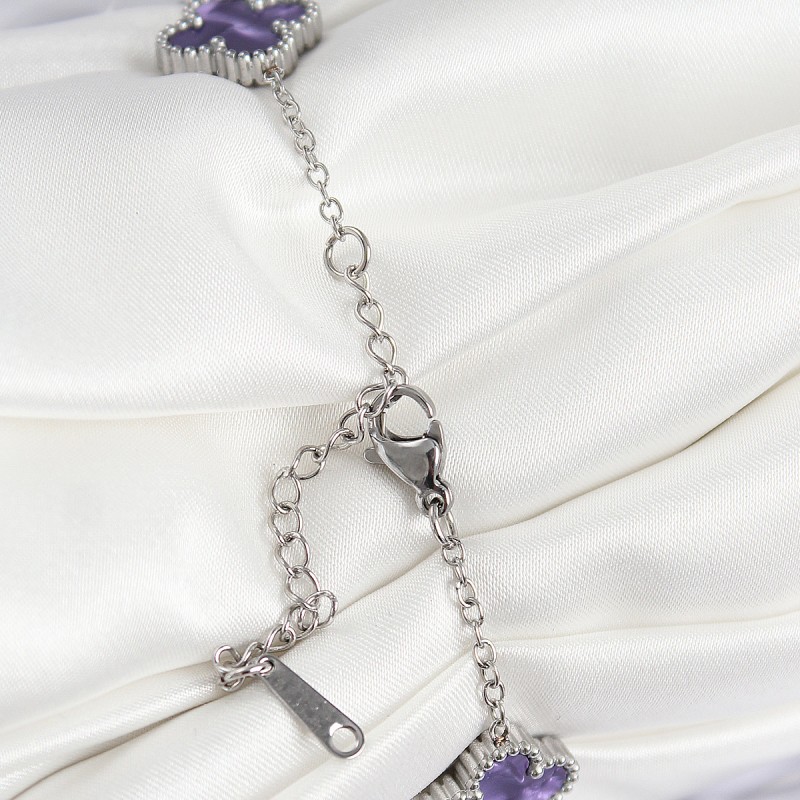 316L Çelik Sedefli Mor Gümüş Renk Yonca Kadın Bileklik