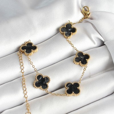 316L Çelik Sedefli Siyah Gold Renk Yonca Kadın Bileklik