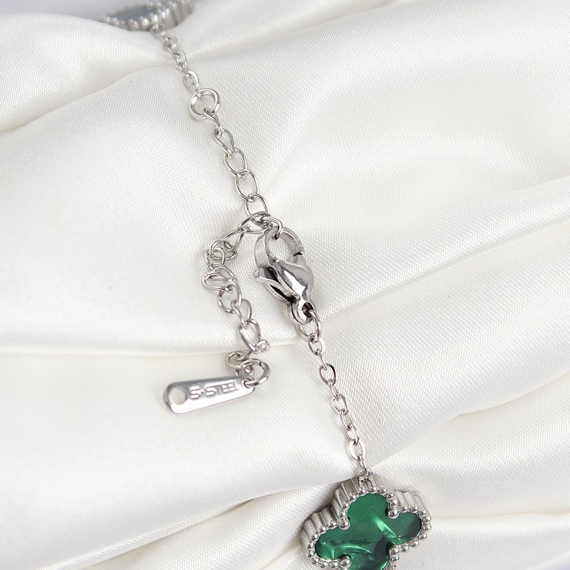 316L Çelik Sedefli Zümrüt Yeşil Gümüş Renk Yonca Kadın Bileklik