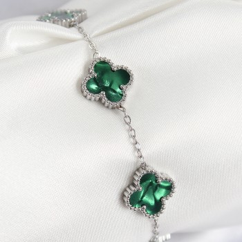 316L Çelik Sedefli Zümrüt Yeşil Gümüş Renk Yonca Kadın Bileklik