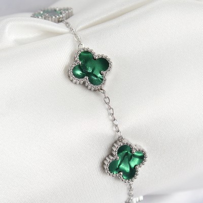 316L Çelik Sedefli Zümrüt Yeşil Gümüş Renk Yonca Kadın Bileklik