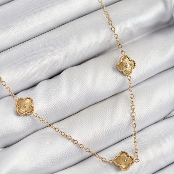 316L Çelik Yonca Model Gold Renk Kadın Kolye