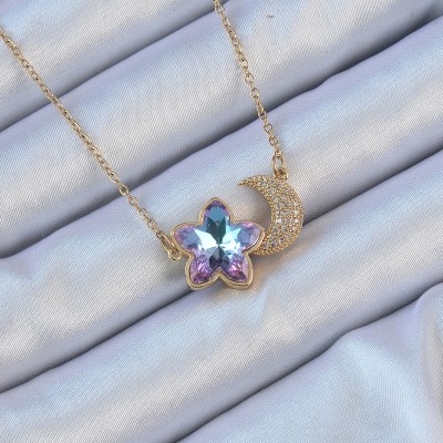 316L Çelik Zincir Altın Renk Ay Tasarımlı Renkli Zirkon Taşlı Çiçek Kolye
