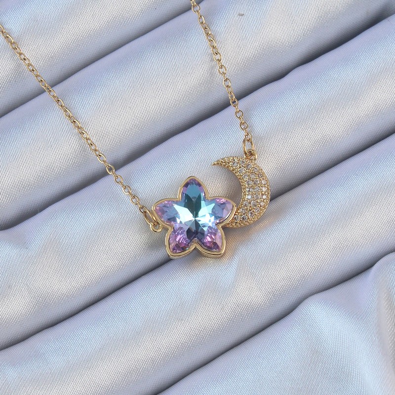 316L Çelik Zincir Altın Renk Ay Tasarımlı Renkli Zirkon Taşlı Çiçek Kolye