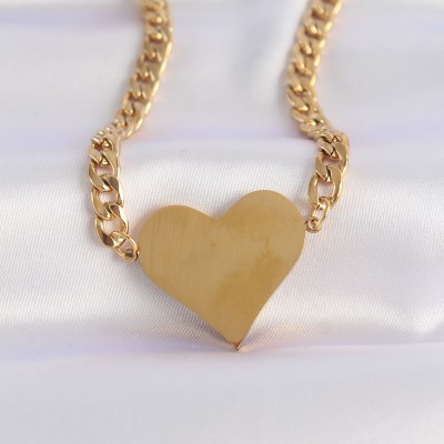316L Çelik Zincir Altın Renk Düz Plaka Kalp Kolye