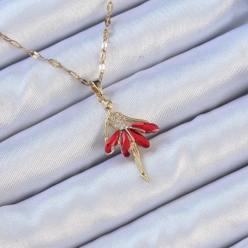 316L Çelik Zincir Altın Renk Kırmızı Etekli Zirkon Taşlı Balerin Kolye