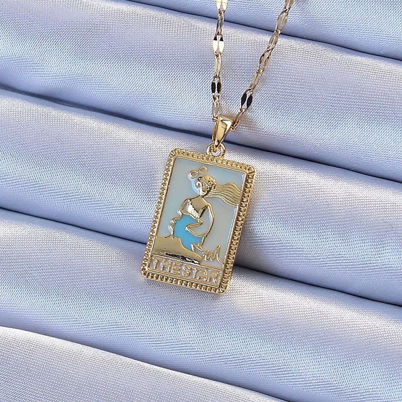 316L Çelik Zincir Altın Renk Mavi Mineli Tarot Kolye