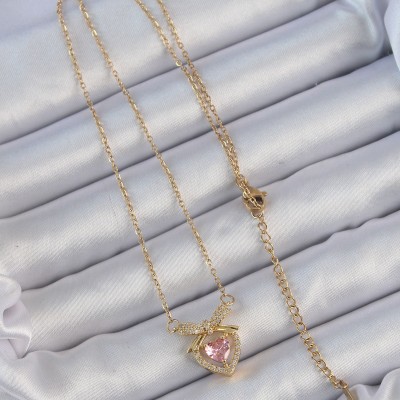 316L Çelik Zincir Altın Renk Pembe Zirkon Taşlı Fiyonklu Kalp Kolye