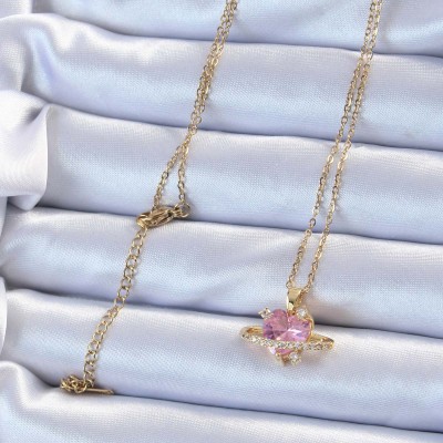 316L Çelik Zincir Altın Renk Pembe Zirkon Taşlı Satürn Görünümlü Kalp Kolye