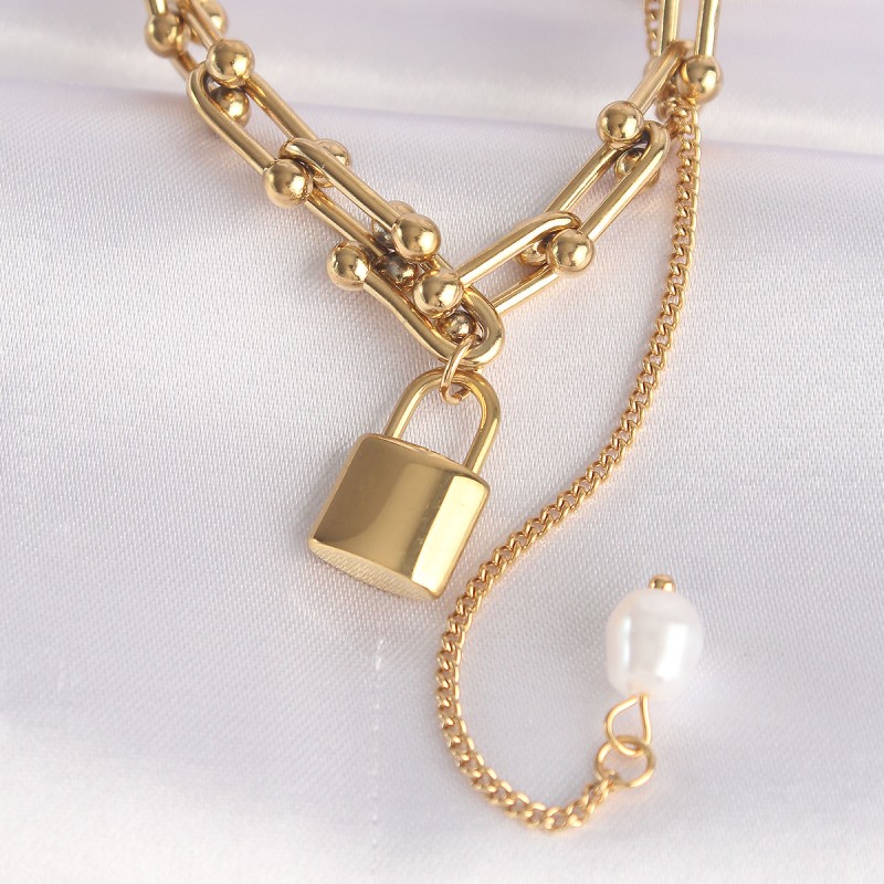 316L Çelik Zincir Altın Renk Zincirli Love Yazılı Kilit Kolye