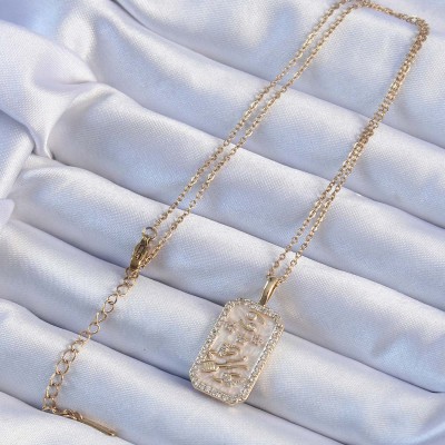 316L Çelik Zincir Altın Renk Zirkon Taşlı Çerçeveli Tarot Kolye