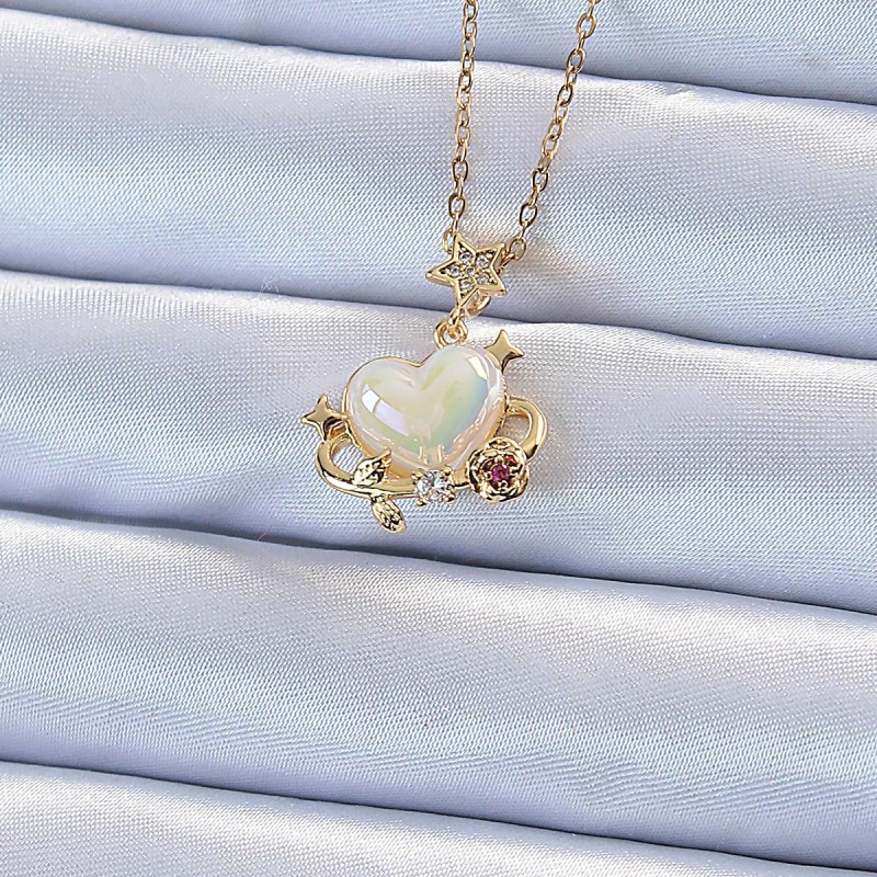 316L Çelik Zincir Altın Renk Zirkon Taşlı Gezegen Görünümlü Kalp Kolye