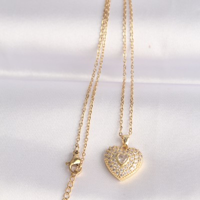 316L Çelik Zincir Altın Renk Zirkon Taşlı Kalp Kolye