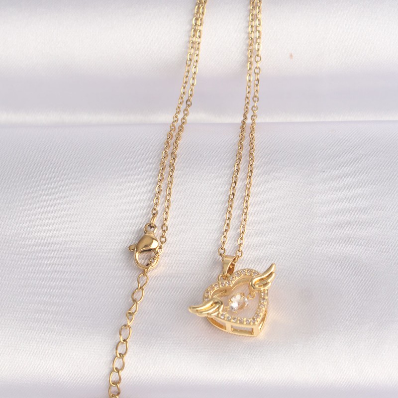 316L Çelik Zincir Altın Renk Zirkon Taşlı Kanatlı Kalp Kolye