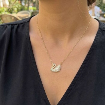 316L Çelik Zincir Altın Renk Zirkon Taşlı Kuğu Kolye