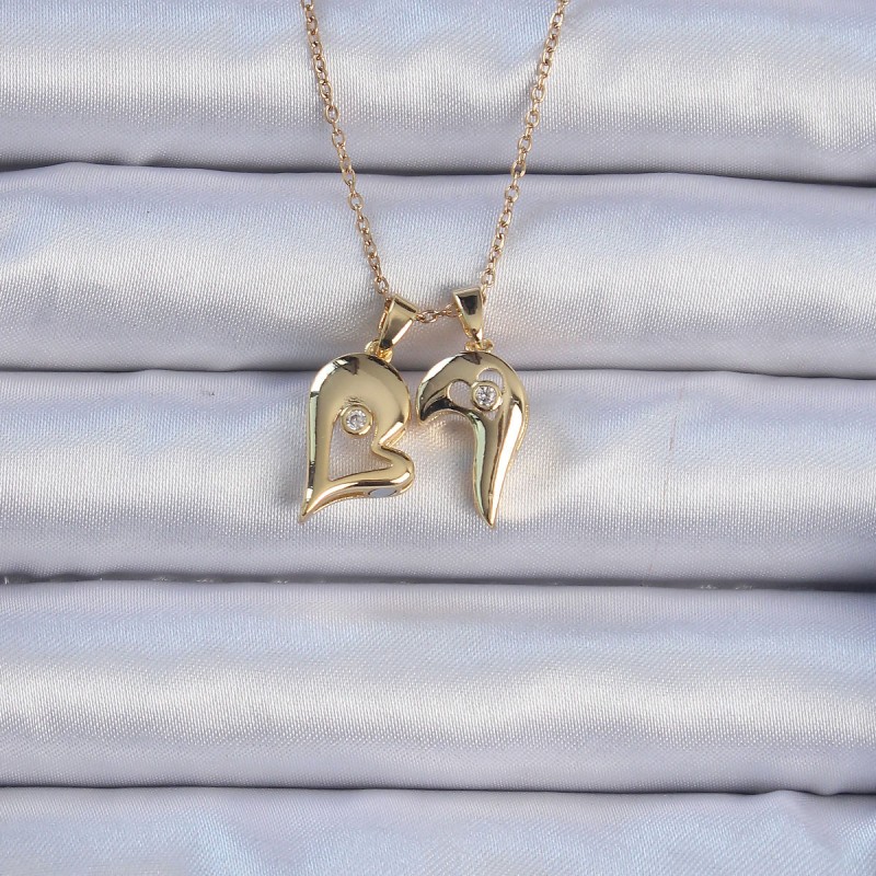 316L Çelik Zincir Altın Renk Zirkon Taşlı Mıknatıslı Kalp Kolye