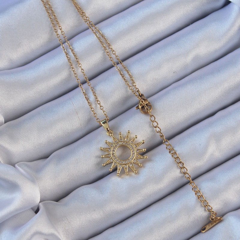 316L Çelik Zincir Altın Renk Zirkon Taşlı Parlayan Güneş Kolye
