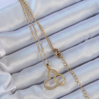 316L Çelik Zincir Altın Renk Zirkon Taşlı Yüzüklü Kalp Kolye