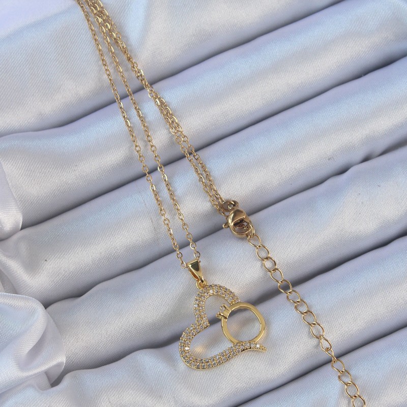 316L Çelik Zincir Altın Renk Zirkon Taşlı Yüzüklü Kalp Kolye