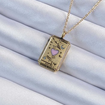316L Çelik Zincir Eskitme Altın Renk Pembe Mineli Kalp Figürlü Tarot Kolye