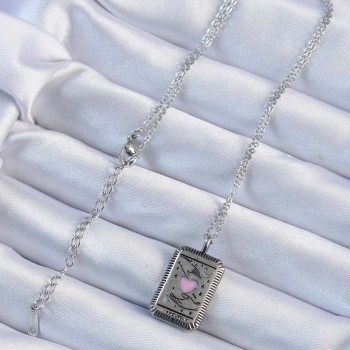 316L Çelik Zincir Eskitme Gümüş Renk Pembe Mineli Kalp Figürlü Tarot Kolye