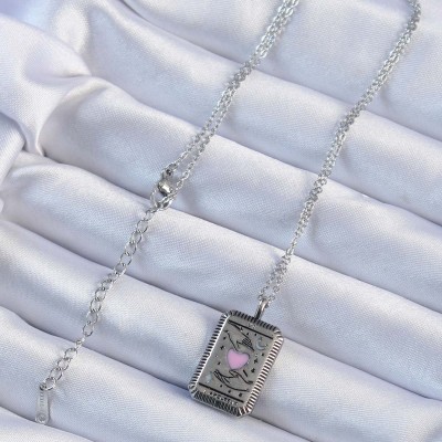 316L Çelik Zincir Eskitme Gümüş Renk Pembe Mineli Kalp Figürlü Tarot Kolye