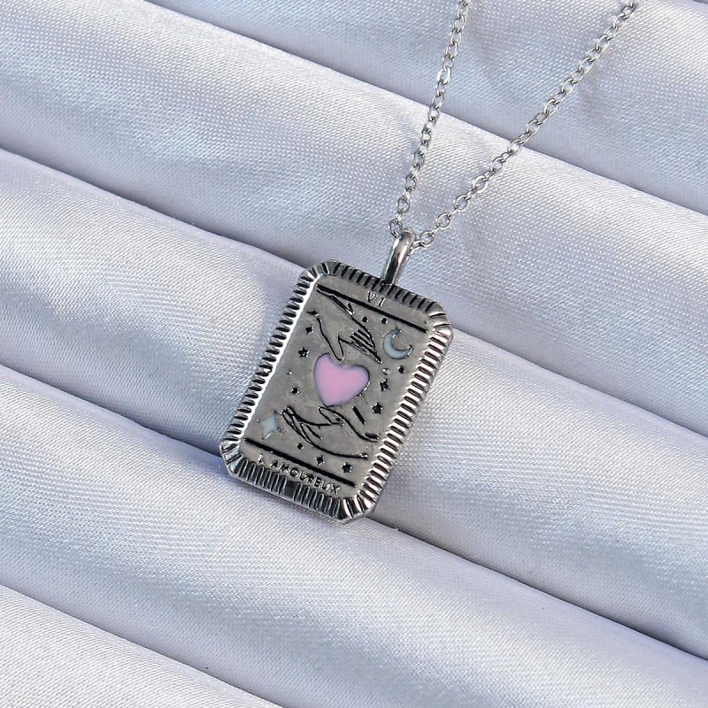316L Çelik Zincir Eskitme Gümüş Renk Pembe Mineli Kalp Figürlü Tarot Kolye