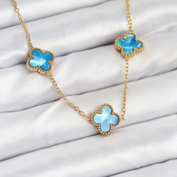 316L Çelik Zincir Gold Buz Mavisi Renk Yonca Kolye