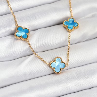 316L Çelik Zincir Gold Buz Mavisi Renk Yonca Kolye