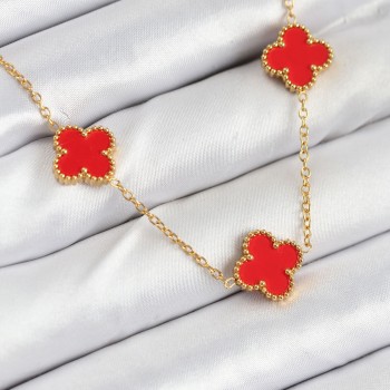 316L Çelik Zincir Gold Kırmızı Renk Yonca Kadın Kolye