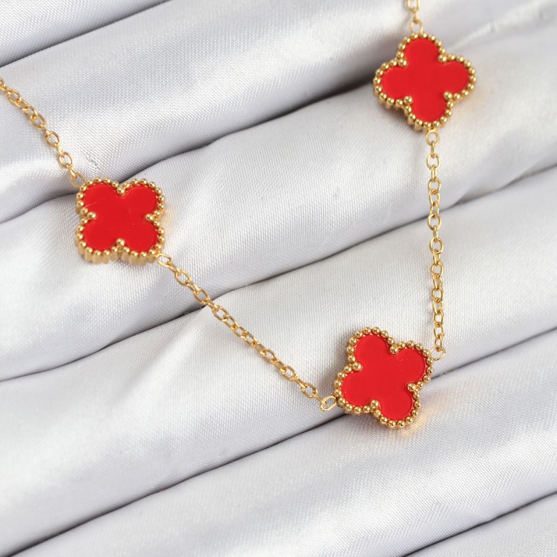 316L Çelik Zincir Gold Kırmızı Renk Yonca Kadın Kolye