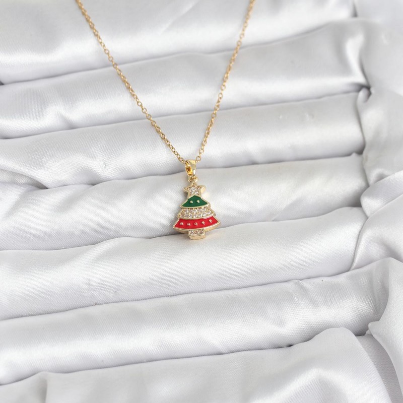 316L Çelik Zincir Gold Ren Çam Ağacı Model Zirkon Taşlı Yılbaşı Temalı Kadın Kolye
