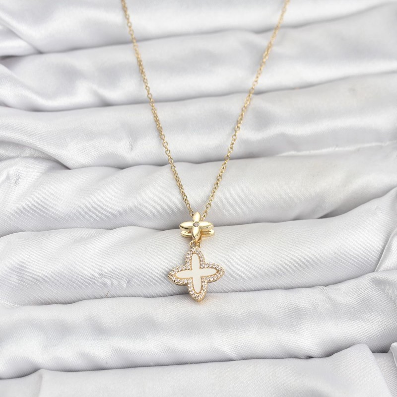 316L Çelik Zincir Gold Renk 4 Yapraklı Yonca Model Zirkon Taşlı Kadın Kolye