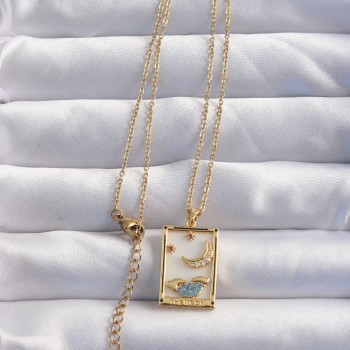 316L Çelik Zincir Gold Renk Ay Detay Mavi Zirkon Taşlı Tarot Kolye