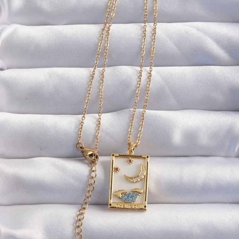 316L Çelik Zincir Gold Renk Ay Detay Mavi Zirkon Taşlı Tarot Kolye