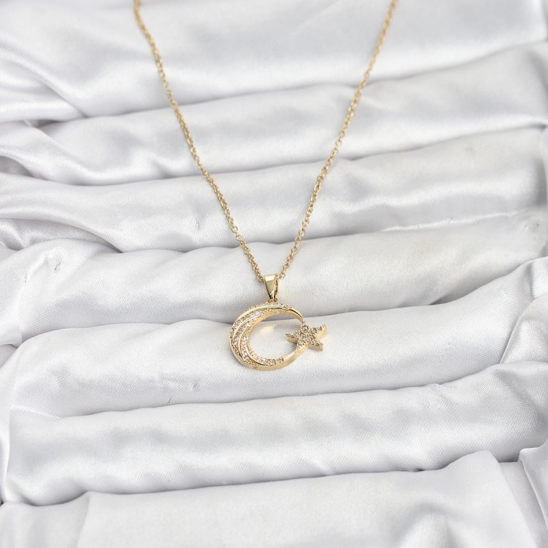 316L Çelik Zincir Gold Renk Ay Yıldız Model Zirkon Taşlı Kadın Kolye